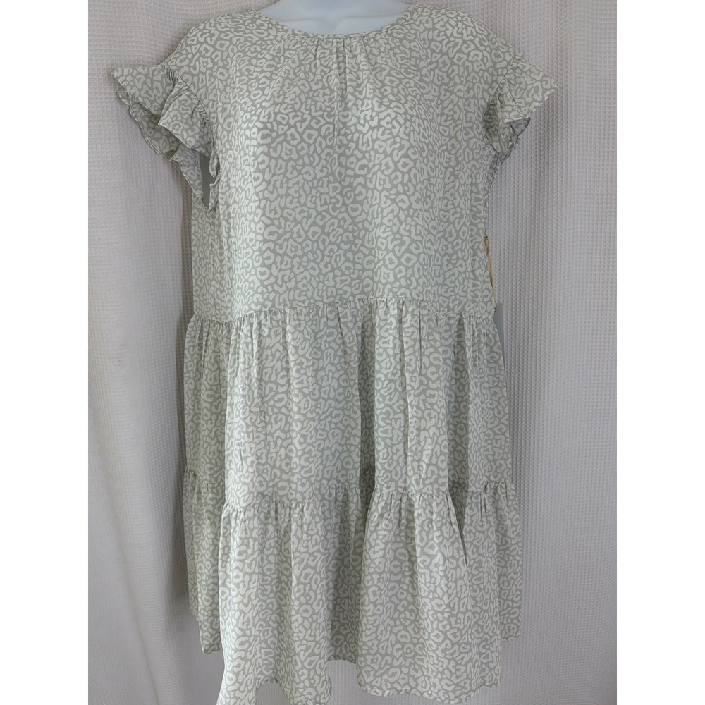 Harper Wren Sage Green Leopard Print Ruffle Flutter Sleeve Tiered Dress Small